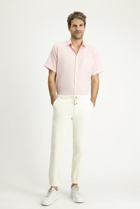 Dusty Pink Short Sleeve Regular Fit Patterned Linen Blend Shirt