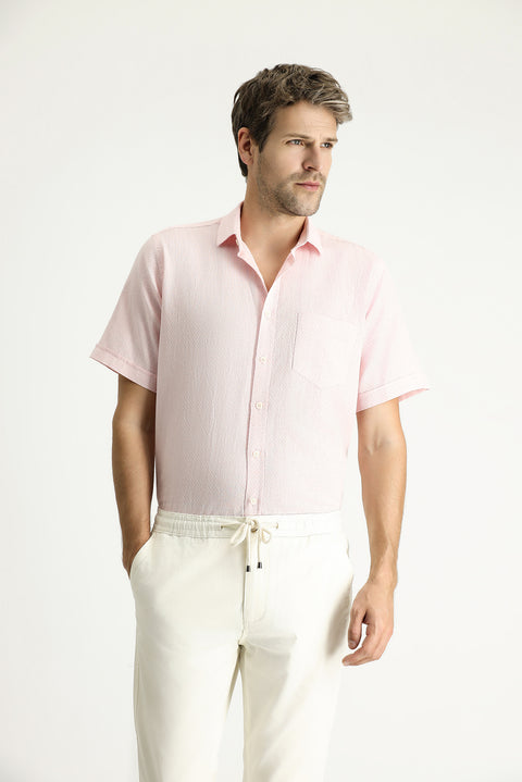 Dusty Pink Short Sleeve Regular Fit Patterned Linen Blend Shirt