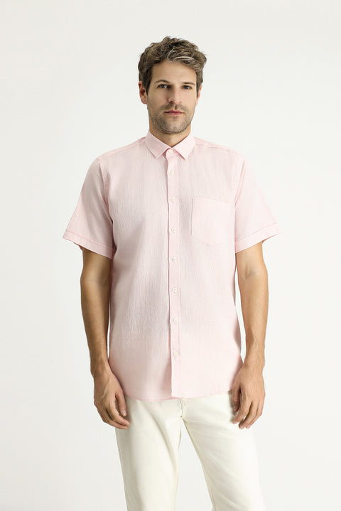Dusty Pink Short Sleeve Regular Fit Patterned Linen Blend Shirt