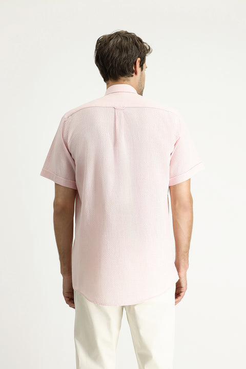Dusty Pink Short Sleeve Regular Fit Patterned Linen Blend Shirt