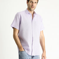 Lilac Short Sleeve Regular Fit Patterned Linen Blend Shirt