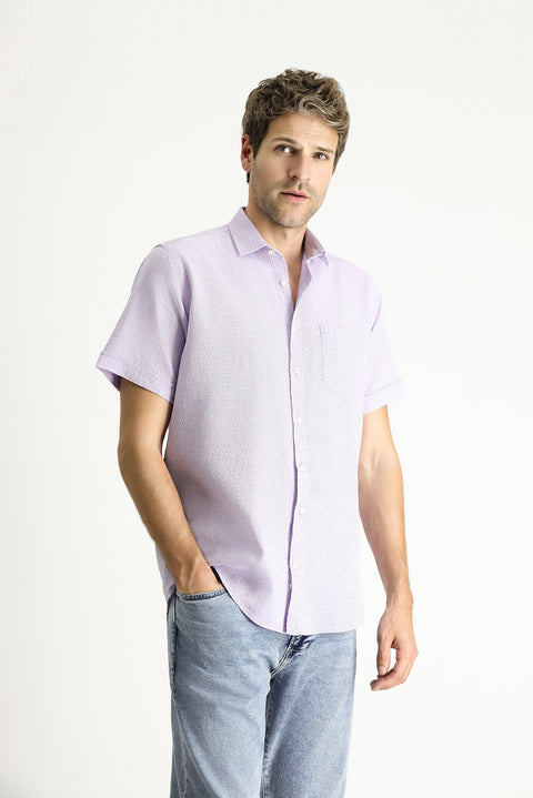 Lilac Short Sleeve Regular Fit Patterned Linen Blend Shirt