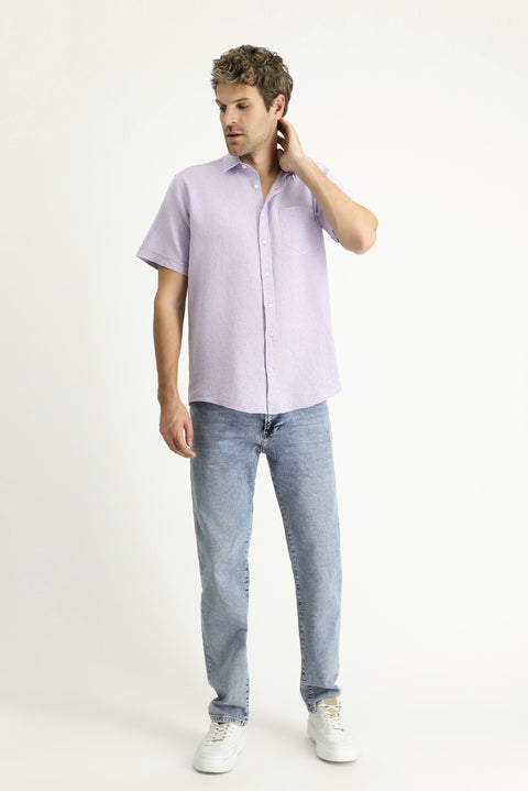 Lilac Short Sleeve Regular Fit Patterned Linen Blend Shirt