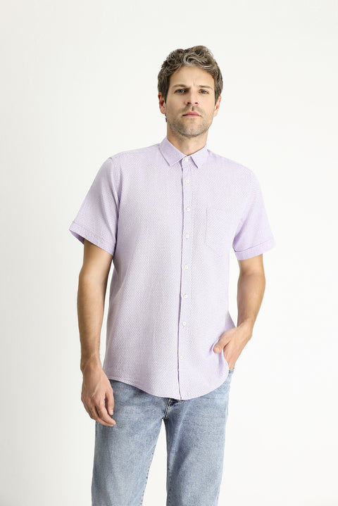 Lilac Short Sleeve Regular Fit Patterned Linen Blend Shirt