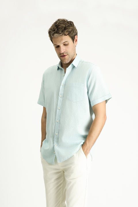 Mint Green Short Sleeve Regular Fit Patterned Linen Blend Shirt