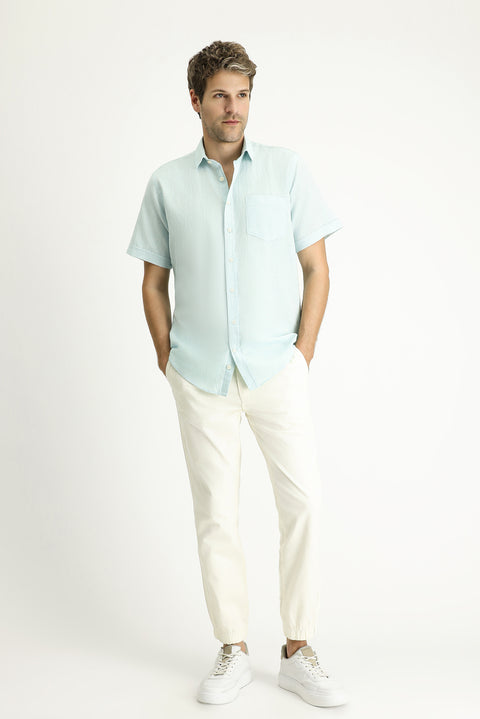 Mint Green Short Sleeve Regular Fit Patterned Linen Blend Shirt