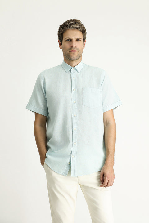 Mint Green Short Sleeve Regular Fit Patterned Linen Blend Shirt