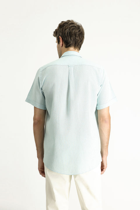 Mint Green Short Sleeve Regular Fit Patterned Linen Blend Shirt