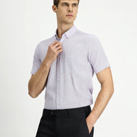 Lilac Short Sleeve Regular Fit Patterned Button-Down Collar Cotton Linen Blend Shirt