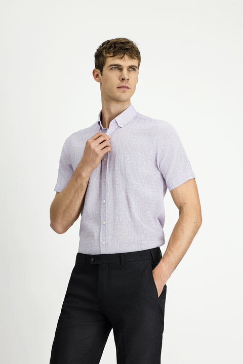 Lilac Short Sleeve Regular Fit Patterned Button-Down Collar Cotton Linen Blend Shirt