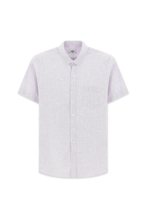Lilac Short Sleeve Regular Fit Patterned Button-Down Collar Cotton Linen Blend Shirt