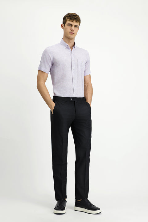 Lilac Short Sleeve Regular Fit Patterned Button-Down Collar Cotton Linen Blend Shirt