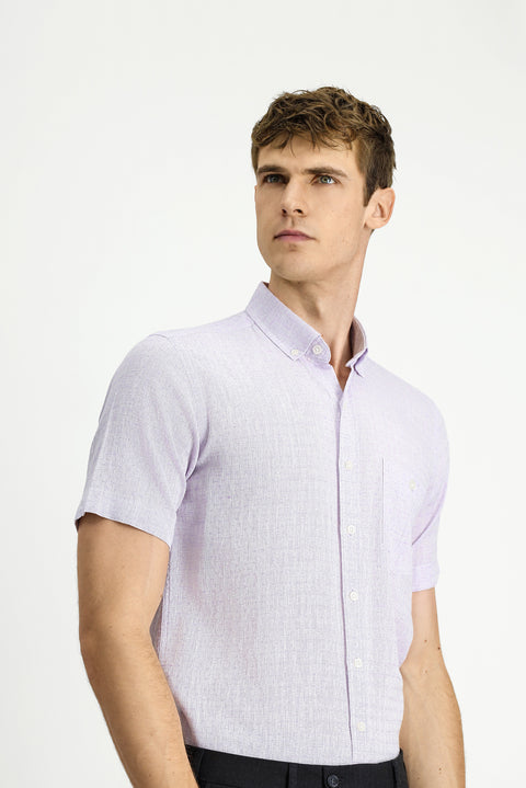 Lilac Short Sleeve Regular Fit Patterned Button-Down Collar Cotton Linen Blend Shirt