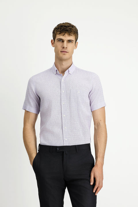 Lilac Short Sleeve Regular Fit Patterned Button-Down Collar Cotton Linen Blend Shirt