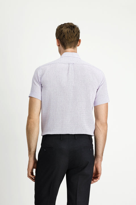 Lilac Short Sleeve Regular Fit Patterned Button-Down Collar Cotton Linen Blend Shirt