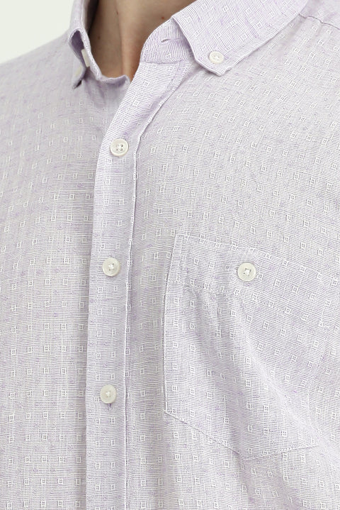 Lilac Short Sleeve Regular Fit Patterned Button-Down Collar Cotton Linen Blend Shirt