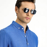 Medium Navy Short Sleeve Regular Fit Sport Button-Down Collar Denim Look Shirt