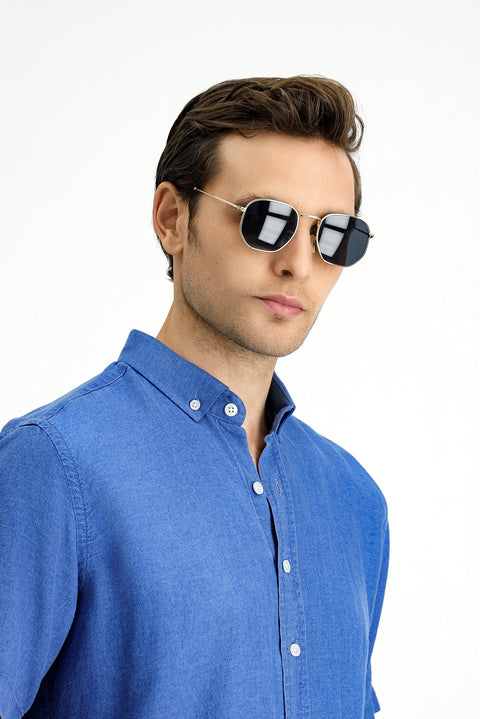 Medium Navy Short Sleeve Regular Fit Sport Button-Down Collar Denim Look Shirt
