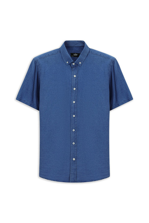 Medium Navy Short Sleeve Regular Fit Sport Button-Down Collar Denim Look Shirt