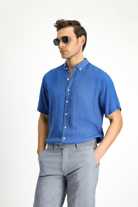 Medium Navy Short Sleeve Regular Fit Sport Button-Down Collar Denim Look Shirt