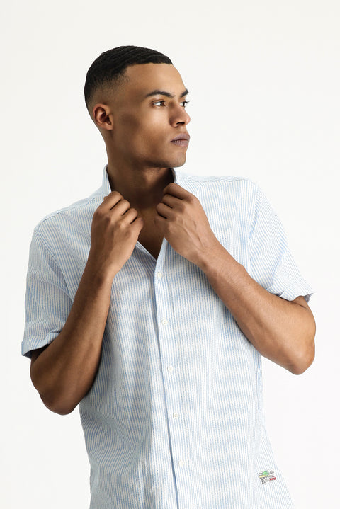 Aqua Blue Short Sleeve Regular Fit Patterned Cotton Shirt