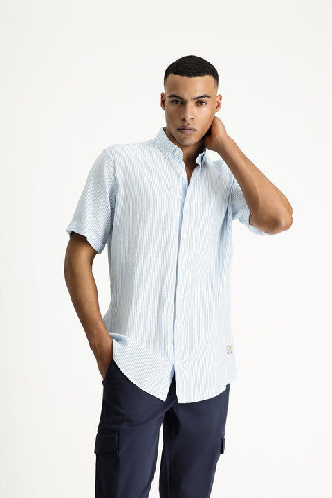 Aqua Blue Short Sleeve Regular Fit Patterned Cotton Shirt