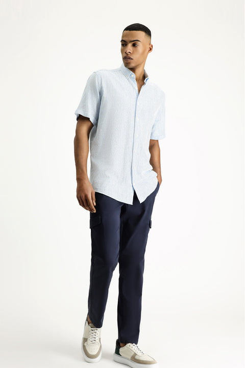 Aqua Blue Short Sleeve Regular Fit Patterned Cotton Shirt