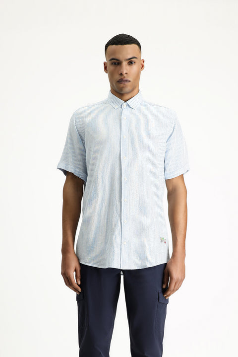 Aqua Blue Short Sleeve Regular Fit Patterned Cotton Shirt