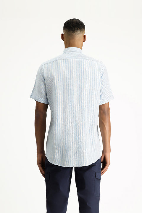 Aqua Blue Short Sleeve Regular Fit Patterned Cotton Shirt