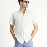 Dark Navy Short Sleeve Regular Fit Striped Sport Cotton Shirt