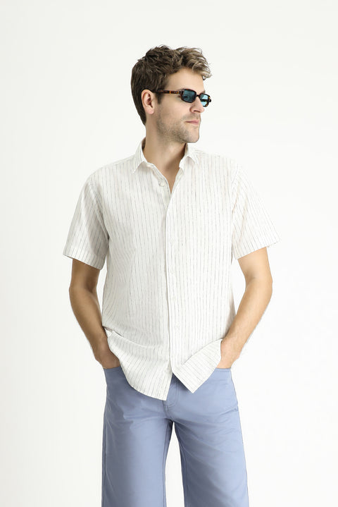 Dark Navy Short Sleeve Regular Fit Striped Sport Cotton Shirt