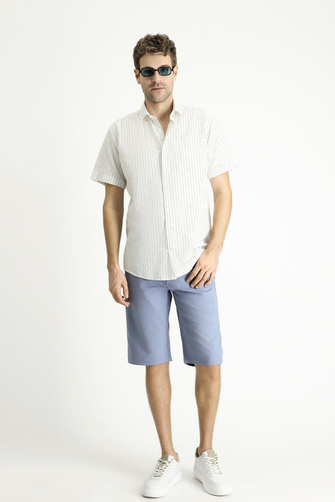 Dark Navy Short Sleeve Regular Fit Striped Sport Cotton Shirt
