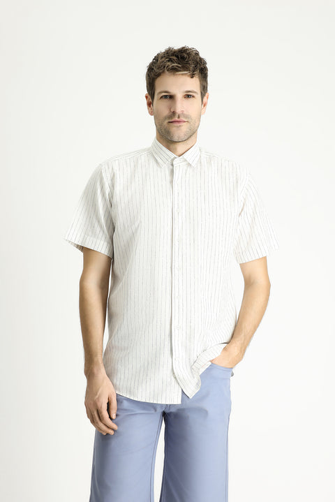 Dark Navy Short Sleeve Regular Fit Striped Sport Cotton Shirt