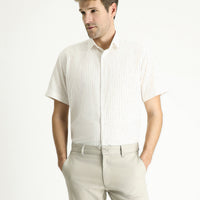 Light Green Short Sleeve Regular Fit Striped Sport Cotton Shirt