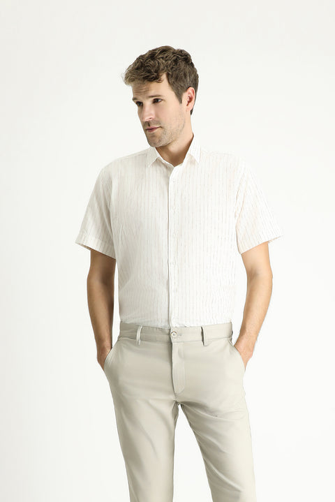 Light Green Short Sleeve Regular Fit Striped Sport Cotton Shirt