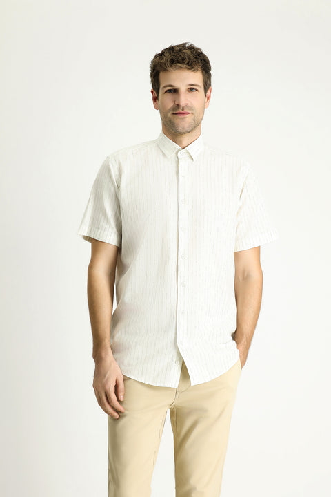 Light Green Short Sleeve Regular Fit Striped Sport Cotton Shirt