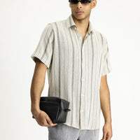 Light Mink Short Sleeve Regular Fit Striped Cotton Easy-Iron Shirt