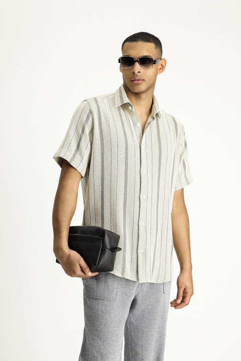 Light Mink Short Sleeve Regular Fit Striped Cotton Easy-Iron Shirt