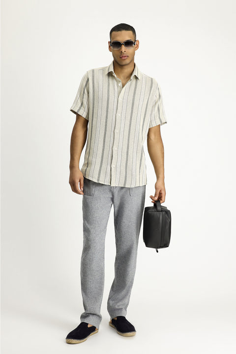 Light Mink Short Sleeve Regular Fit Striped Cotton Easy-Iron Shirt