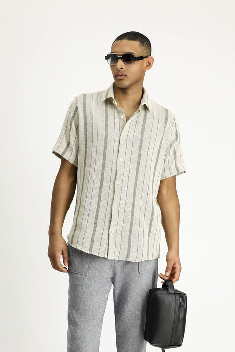 Light Mink Short Sleeve Regular Fit Striped Cotton Easy-Iron Shirt