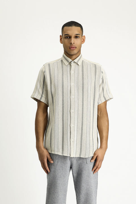 Light Mink Short Sleeve Regular Fit Striped Cotton Easy-Iron Shirt