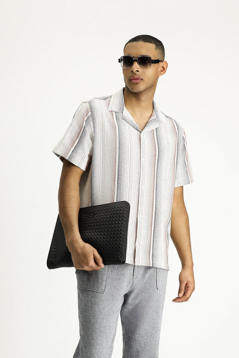 Light Brown Short Sleeve Regular Fit Striped Cotton Easy-Iron Shirt