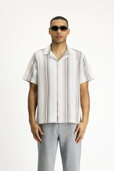 Light Brown Short Sleeve Regular Fit Striped Cotton Easy-Iron Shirt
