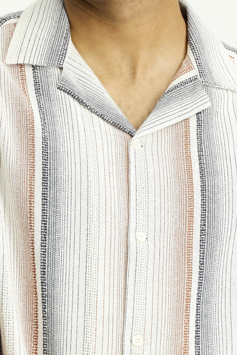 Light Brown Short Sleeve Regular Fit Striped Cotton Easy-Iron Shirt
