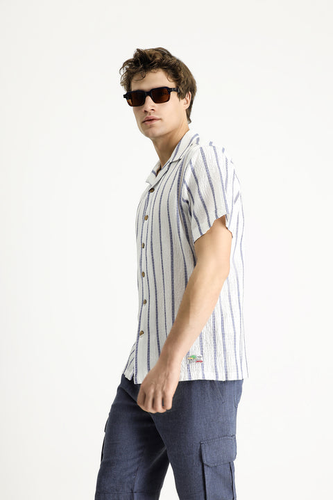 White and Navy Short-Sleeve Striped Classic Shirt