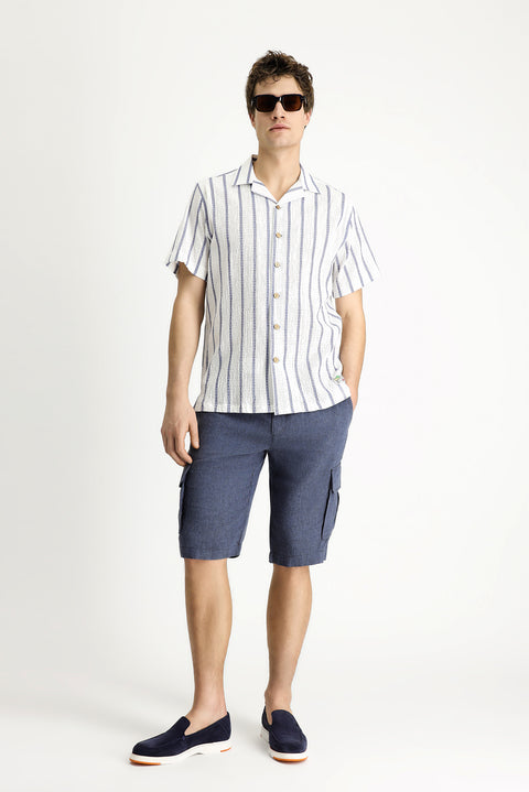 White and Navy Short-Sleeve Striped Classic Shirt