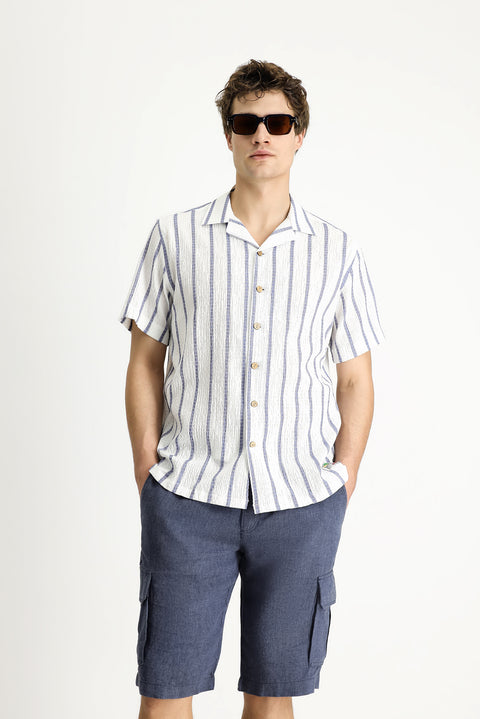 White and Navy Short-Sleeve Striped Classic Shirt