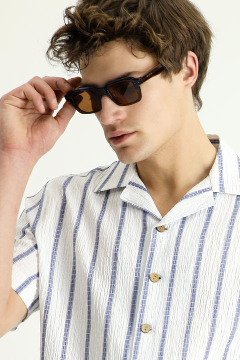 White and Navy Short-Sleeve Striped Classic Shirt
