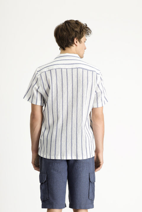 White and Navy Short-Sleeve Striped Classic Shirt