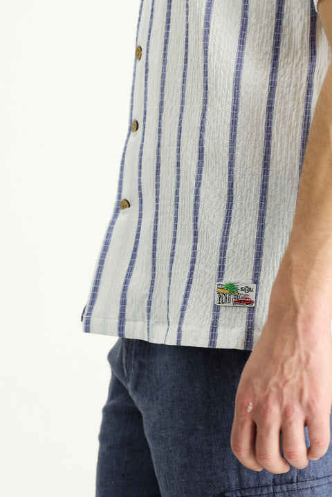 White and Navy Short-Sleeve Striped Classic Shirt